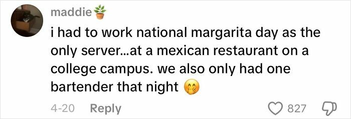 Customer encounter text about working as the only server on National Margarita Day at a college Mexican restaurant.
