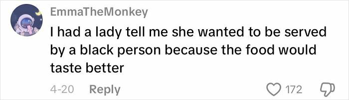 Screenshot of a social media comment sharing a creepy customer encounter involving racial preference about food taste.