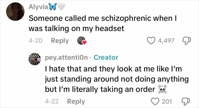 Screenshot of a creepy customer encounter where a worker is unfairly accused while taking an order on a headset.