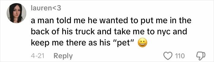 Screenshot of a creepy customer encounter where a man threatened to take a woman to NYC and keep her as his pet.