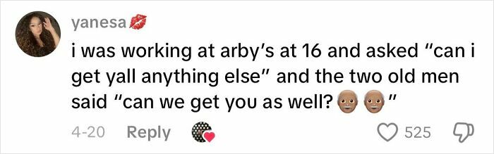 Text message screenshot showing a creepy customer encounter at Arby's involving an unsettling comment from two older men.
