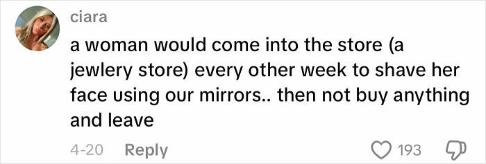 Customer encounter text showing a creepy story about a woman shaving her face in a jewelry store mirror without buying anything.