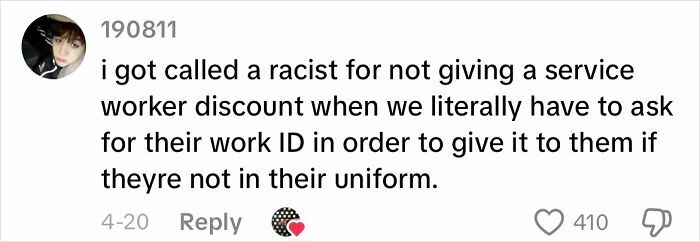Text post about a customer encounter describing being called a racist for not giving a service worker discount.