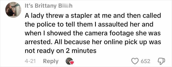 Customer encounter where a lady threw a stapler causing a police incident over a delayed online pickup.