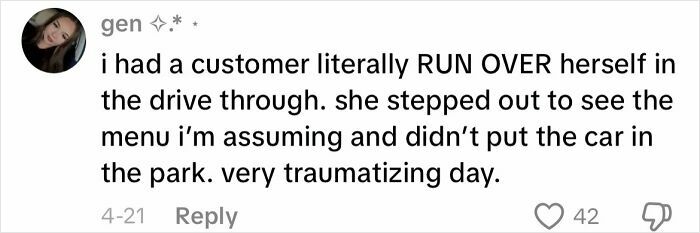 Text message describing a traumatizing customer encounter where someone ran over herself in a drive-through scene.