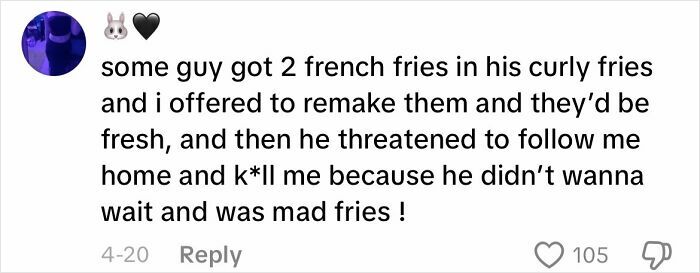 Screenshot of a creepy customer encounter where a man threatened an employee over a food order dispute.