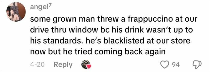 Social media post describing a creepy customer encounter involving a man throwing a frappuccino at a drive-thru window.