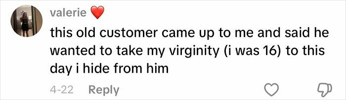 Screenshot of a creepy customer encounter comment where a user shares a disturbing personal experience online.