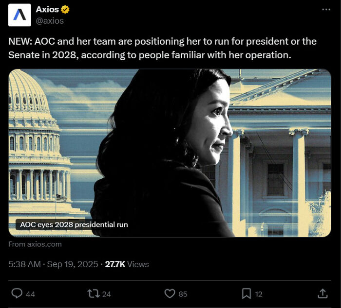 Bold tweets featuring AOC's 2028 presidential run update with views and engagement on social media post.
