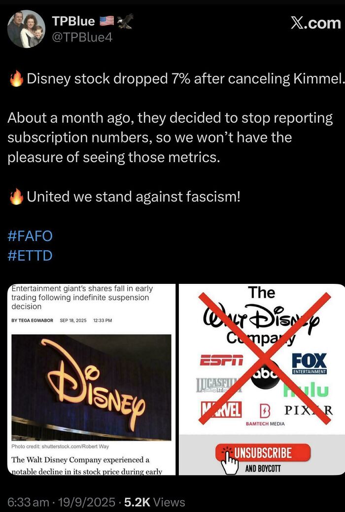 Screenshot of a bold tweet about Disney stock dropping and a call to boycott Disney brands.