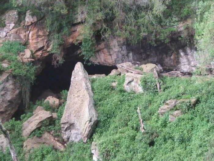 Rock formation and cave surrounded by dense green foliage