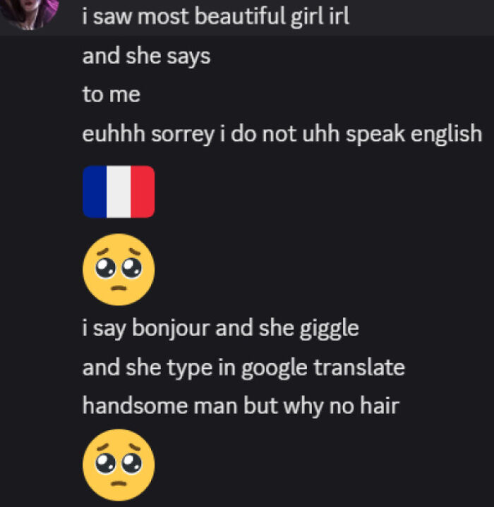 Text message conversation showing unhinged sentences with emojis and a French flag, highlighting unexpected and speechless moments.