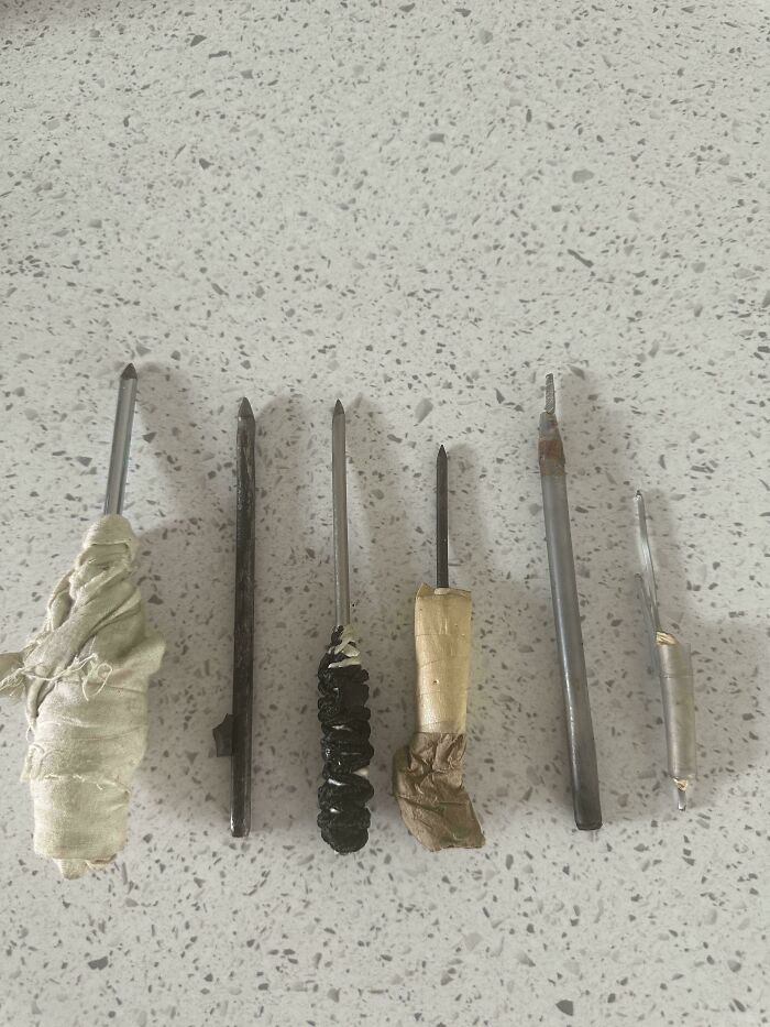 Mildly interesting pictures of handmade sharp tools with wrapped handles, suggesting resourcefulness or survival items.
