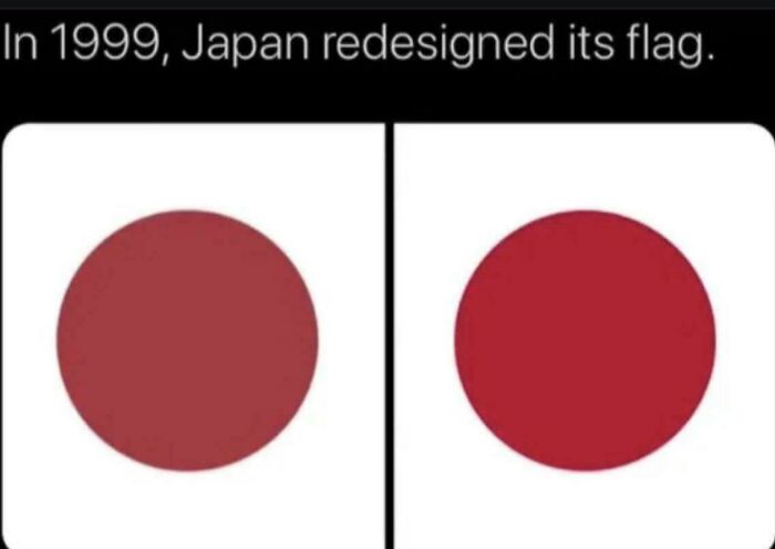 Comparison of Japan's flag redesign in 1999 showing two red circles with different shades symbolizing a devil sunrise effect.