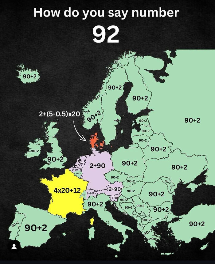 Map of Europe showing how different countries say number 92 with unique math expressions in a devil sunrise color scheme.