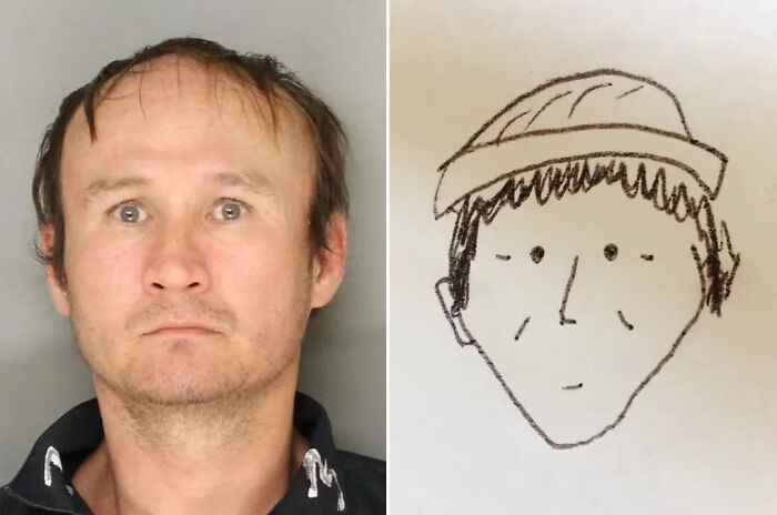 Mugshot of man with thinning hair next to a simple black line drawing of a face wearing a cap, devil sunrise theme.