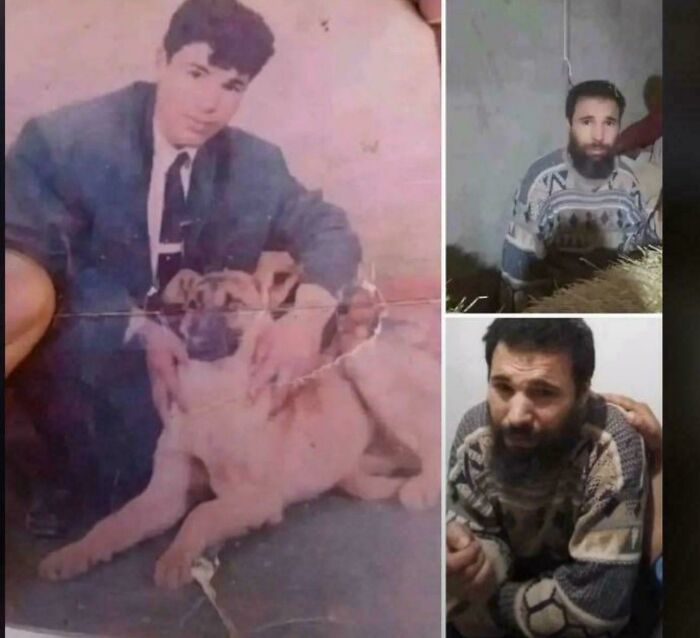Old photo of a young man with a dog and recent images of a bearded man in casual sweaters indoors.