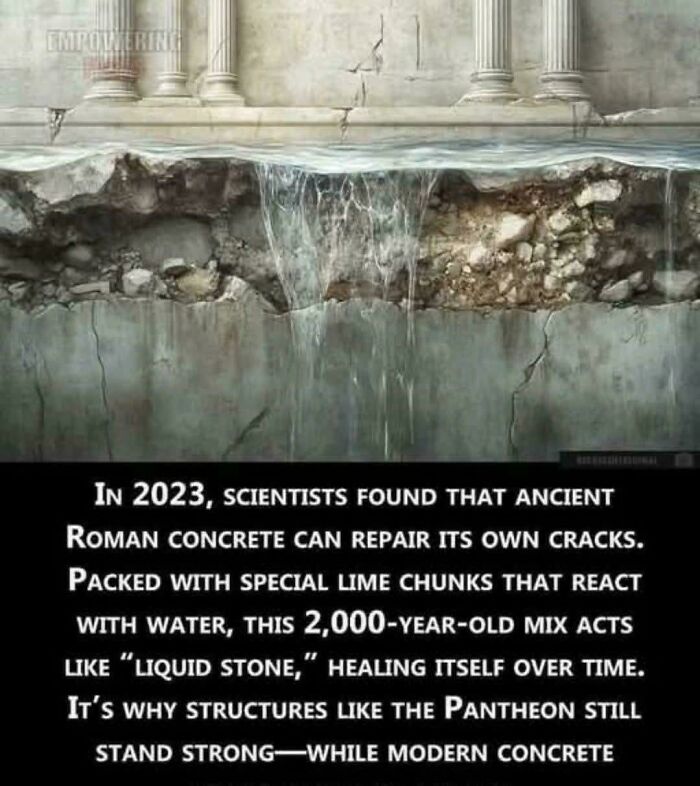 Ancient Roman concrete repairing its own cracks with lime chunks reacting to water, showing durable natural healing process.