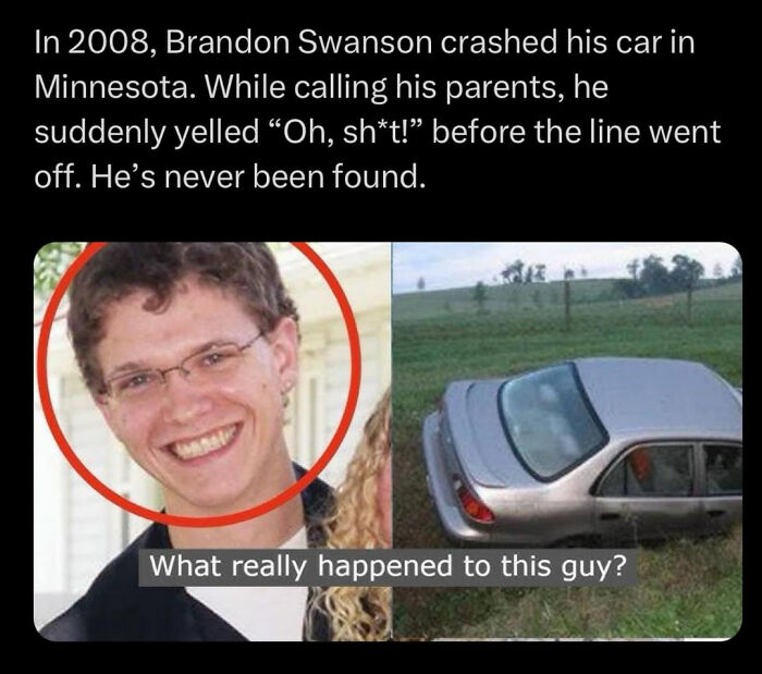 Photo of a young man circled in red next to a crashed car in a field, illustrating a still remains undiscovered mystery.