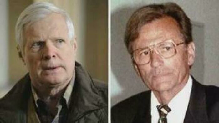 Two middle-aged men in a split image, one in casual jacket, the other in suit and glasses, still remains undiscovered mystery.