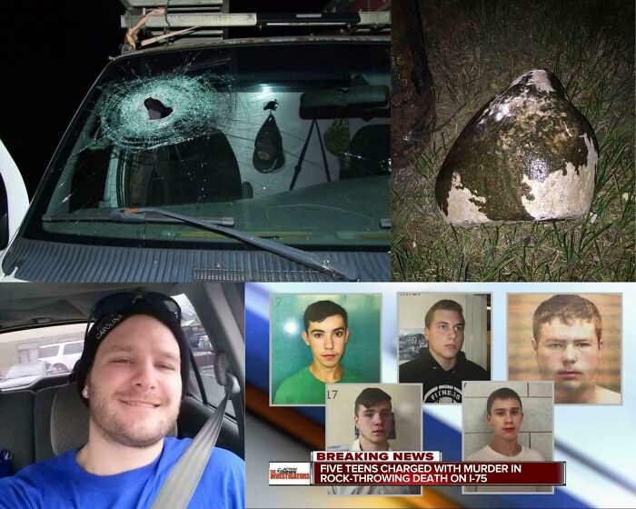 Car windshield damaged by rock throwing, teens charged with m****r, highlighting still remains undiscovered to this day mystery.