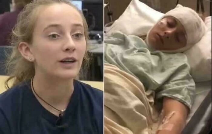 Young woman speaking in an interview beside an image of her lying in a hospital bed, still remains undiscovered to this day.