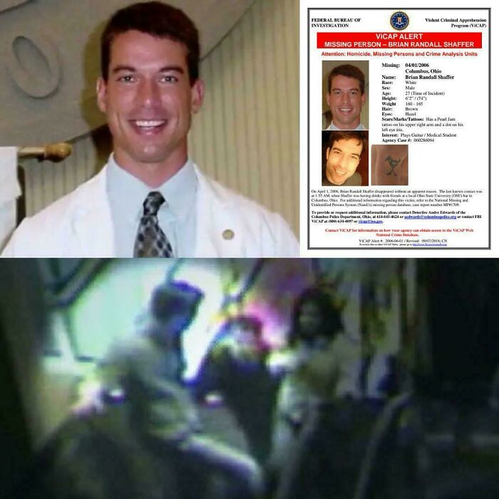 Smiling man in formal attire with undiscovered facts about a missing person case and a blurry scene in the lower half.