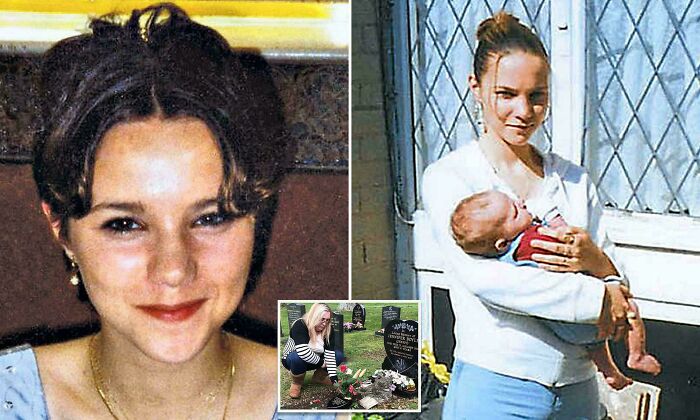 Young woman with brown hair smiling in a close-up, and the same woman holding a baby outdoors near a door.