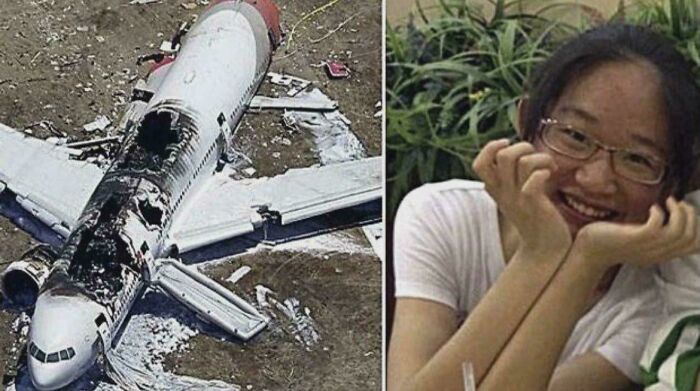 Wreckage of a crashed airplane on the ground beside a smiling woman wearing glasses, symbolizing facts that still remain undiscovered.