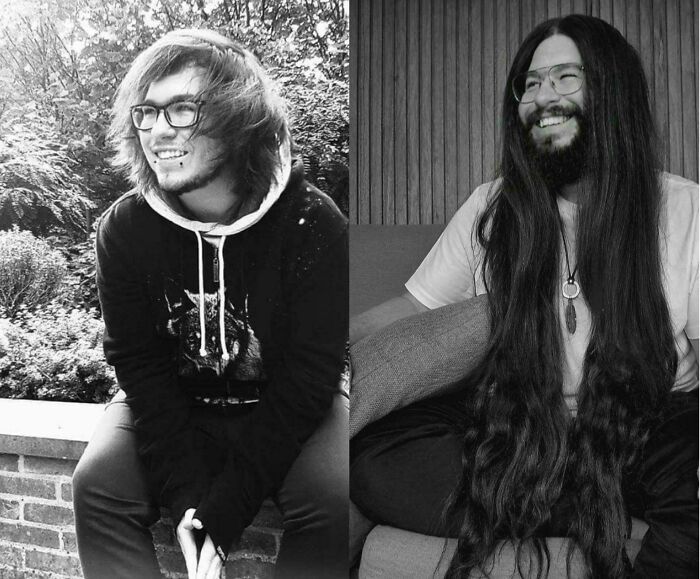 Two men with fierceflow beautiful hair, one with medium-length hair wearing glasses outdoors, the other with long hair sitting indoors.