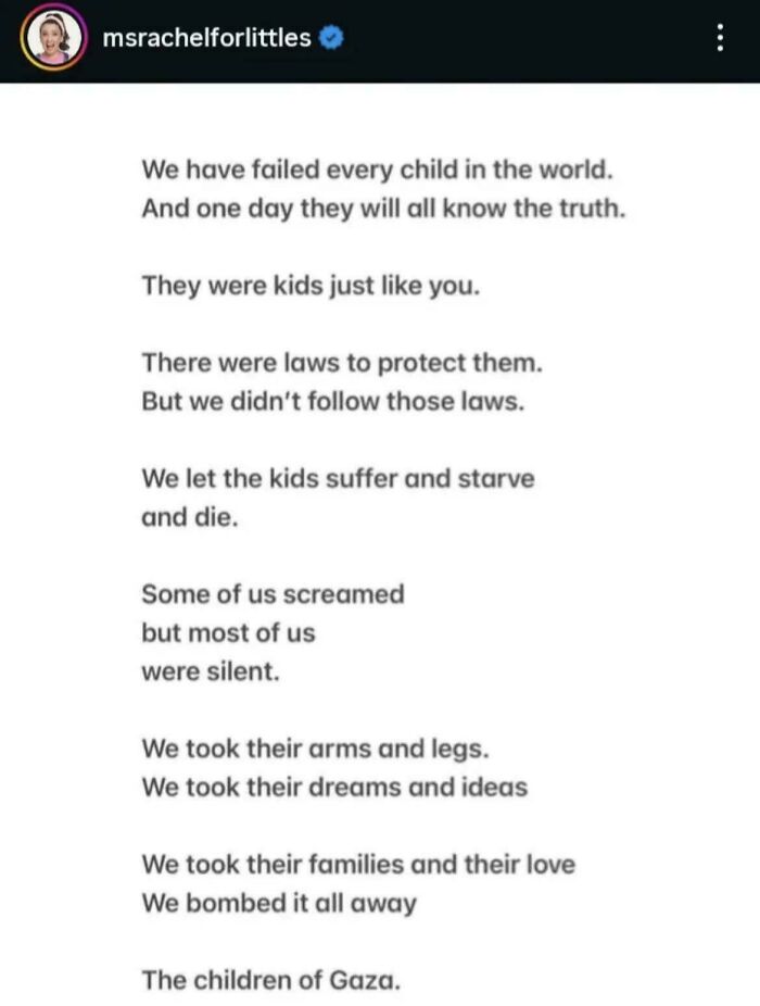 Text post lamenting the failure to protect children, highlighting suffering and loss of Gaza children, related to chaotic good actions.