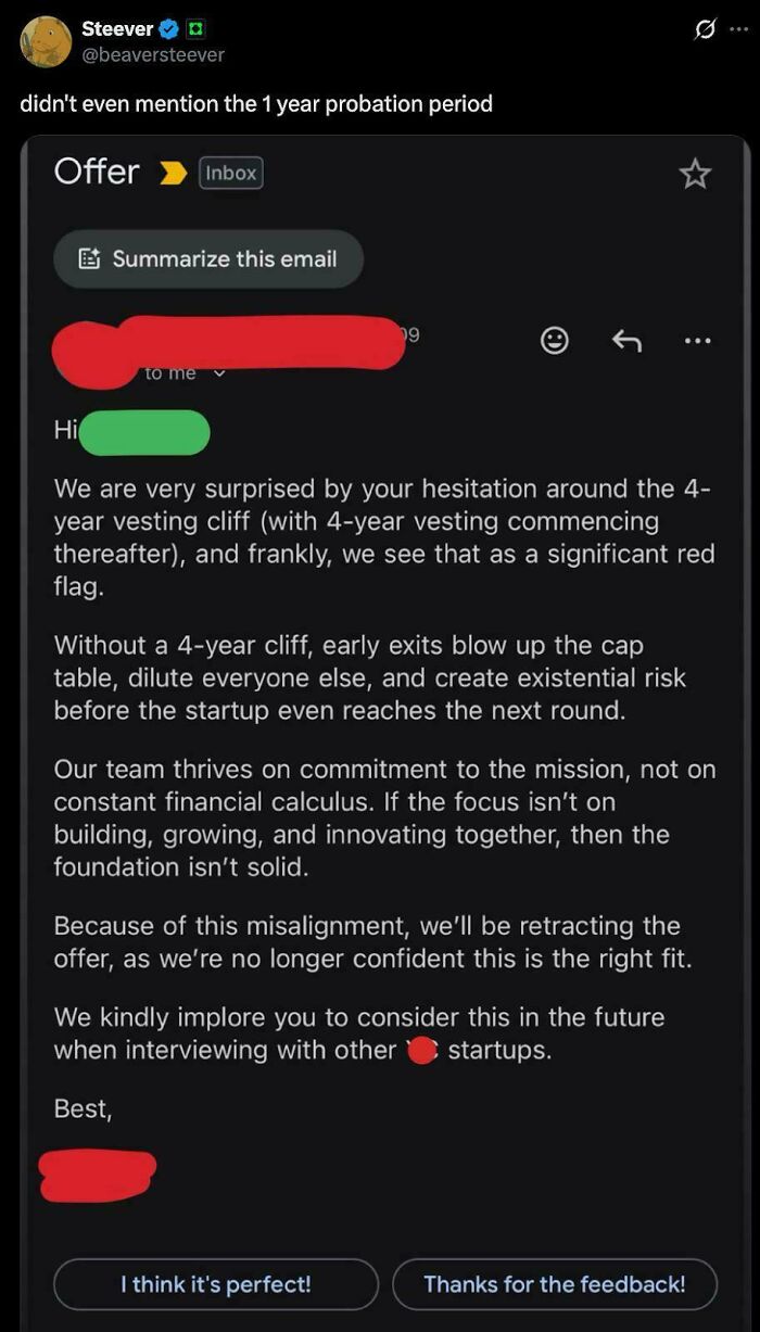 Email showing outrageous job requirements including a 4-year vesting cliff causing candidate to nope out quick.