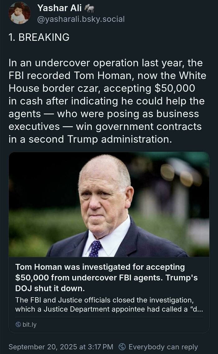 Tweet about an FBI undercover operation exposing a government contract attempt, featured with an official's serious portrait.