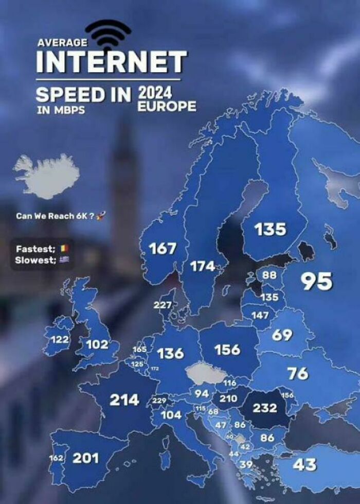 Map showing average internet speed in Mbps across Europe in 2024, highlighting fastest and slowest countries.