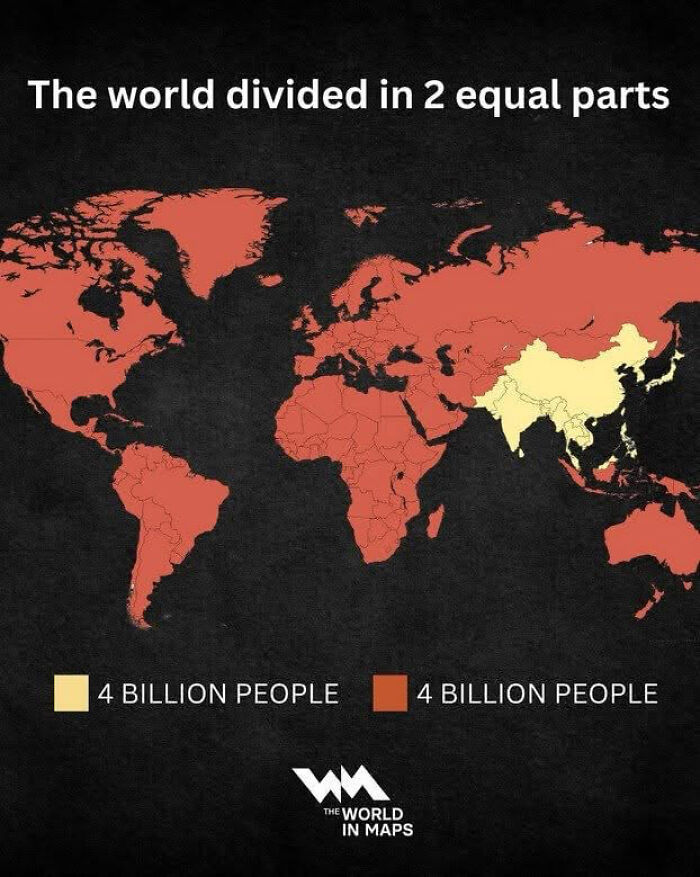 World population divided into two equal parts shown on an informative map highlighting global distribution of 4 billion people each.