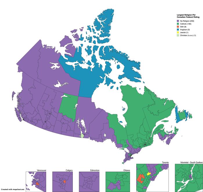 Map showing largest religion per Canadian federal riding with color-coded regions, an informative map that reveals religious distribution.