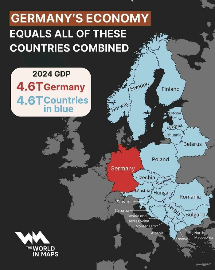 Map showing Germany's economy compared to combined GDP of multiple European countries in blue for informative maps perspective.