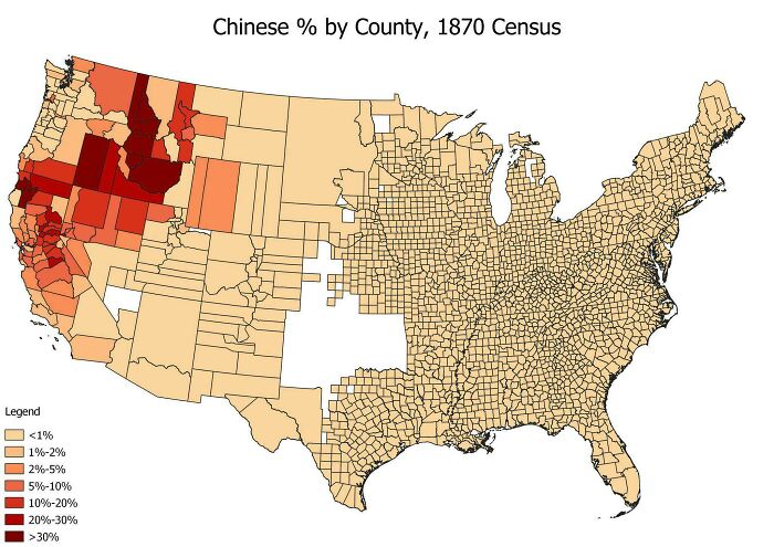 Map showing Chinese population percentage by county in the 1870 US census with color-coded informative data.