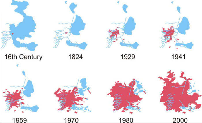 Series of informative maps showing urban growth changes from the 16th century to 2000, highlighting perspective shifts on our world.