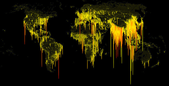 Heatmap style informative world map with vertical data spikes highlighting population and activity density by region.