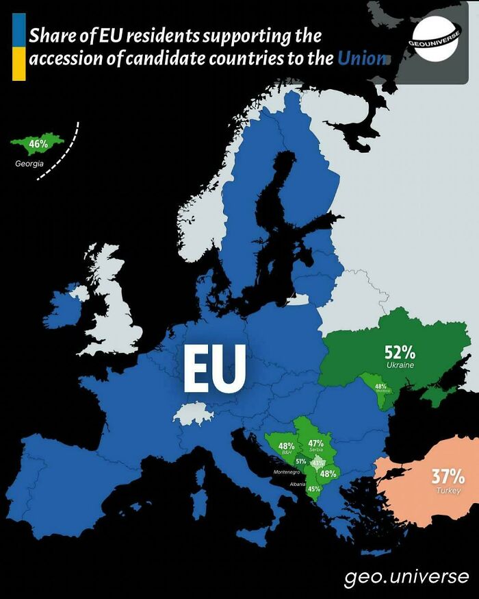 Map showing the share of EU residents supporting accession of candidate countries to the Union in an informative world map.