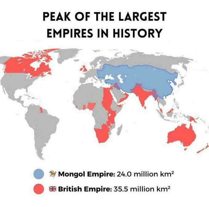 Map showing the peak territories of the largest empires in history with British Empire and Mongol Empire highlighted.