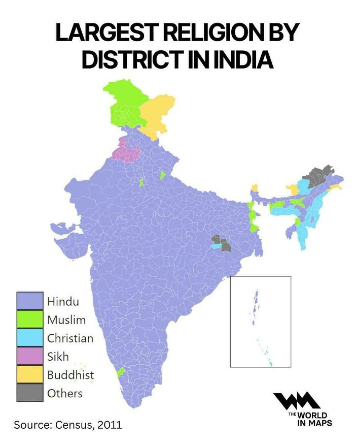 Map showing largest religion by district in India with Hinduism dominant, highlighting religious distribution in informative maps shared online.