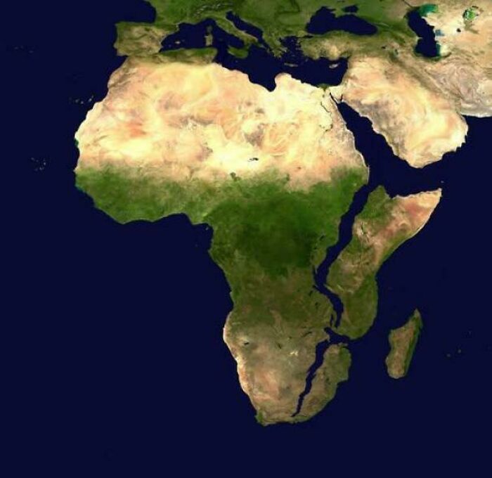 Satellite view of Africa highlighting its geographic features in an informative map that offers a new world perspective.