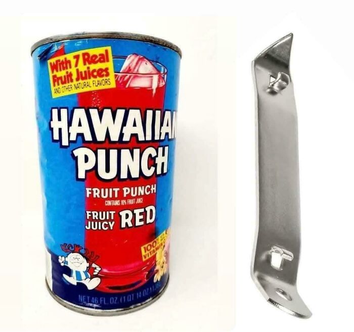 Vintage Hawaiian Punch fruit juice can and classic metal can opener, nostalgic items to make you feel old.