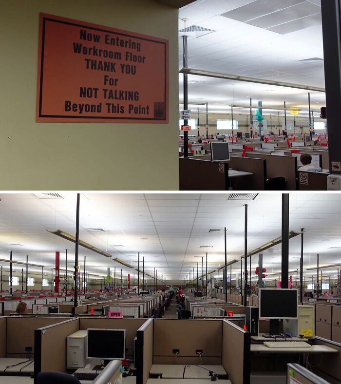 Large US call center with rows of cubicles and a sign enforcing silence, depicting dystopian nightmare scenes.