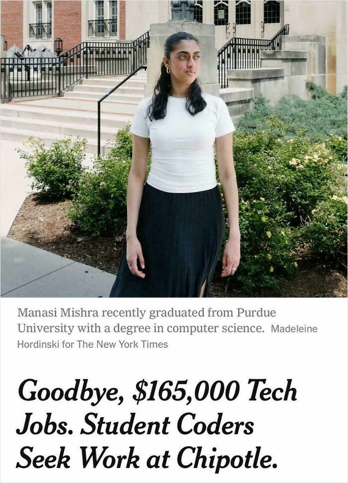 Young woman graduate with computer science degree represents dystopian nightmare scenes in the US job market struggle.