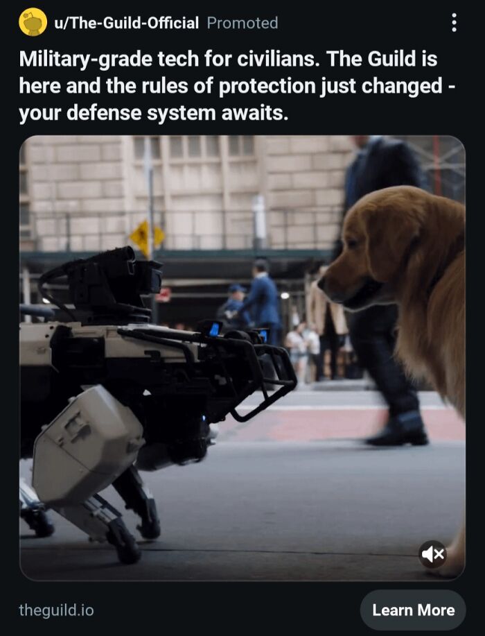 Military-grade robotic defense technology on city street facing a golden retriever dog, showing dystopian real-life scene.