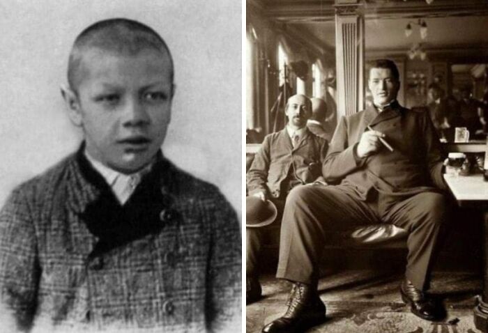 Black and white photos showing rare body proportions with a young boy and a very tall seated man in historical attire.