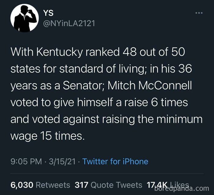 Tweet showing criticism of Mitch McConnell for voting to raise his salary multiple times while opposing minimum wage increases, highlighting actions meeting consequences.